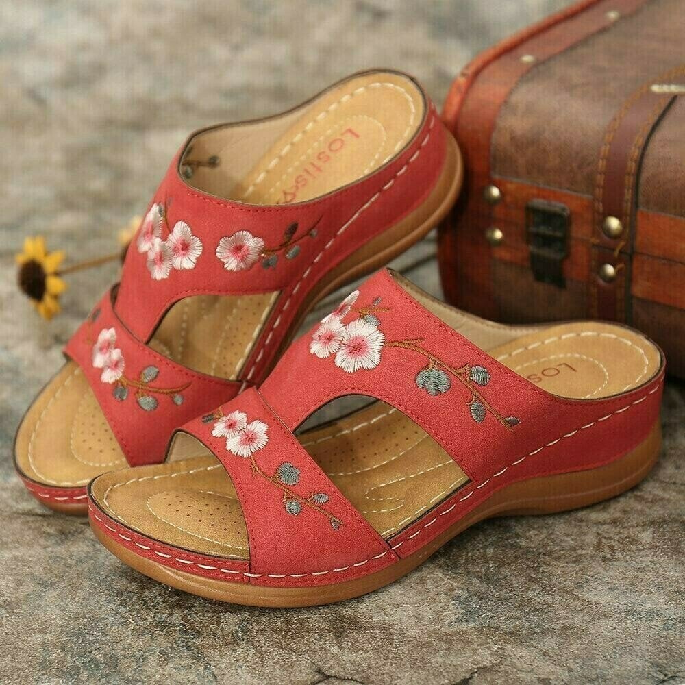 Flower Embroidered Vintage Comfy Wedges Sandals - Image 11