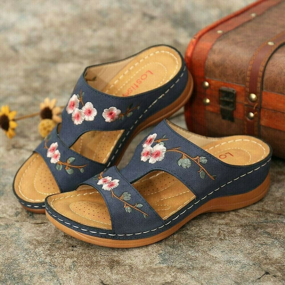 Flower Embroidered Vintage Comfy Wedges Sandals - Image 12