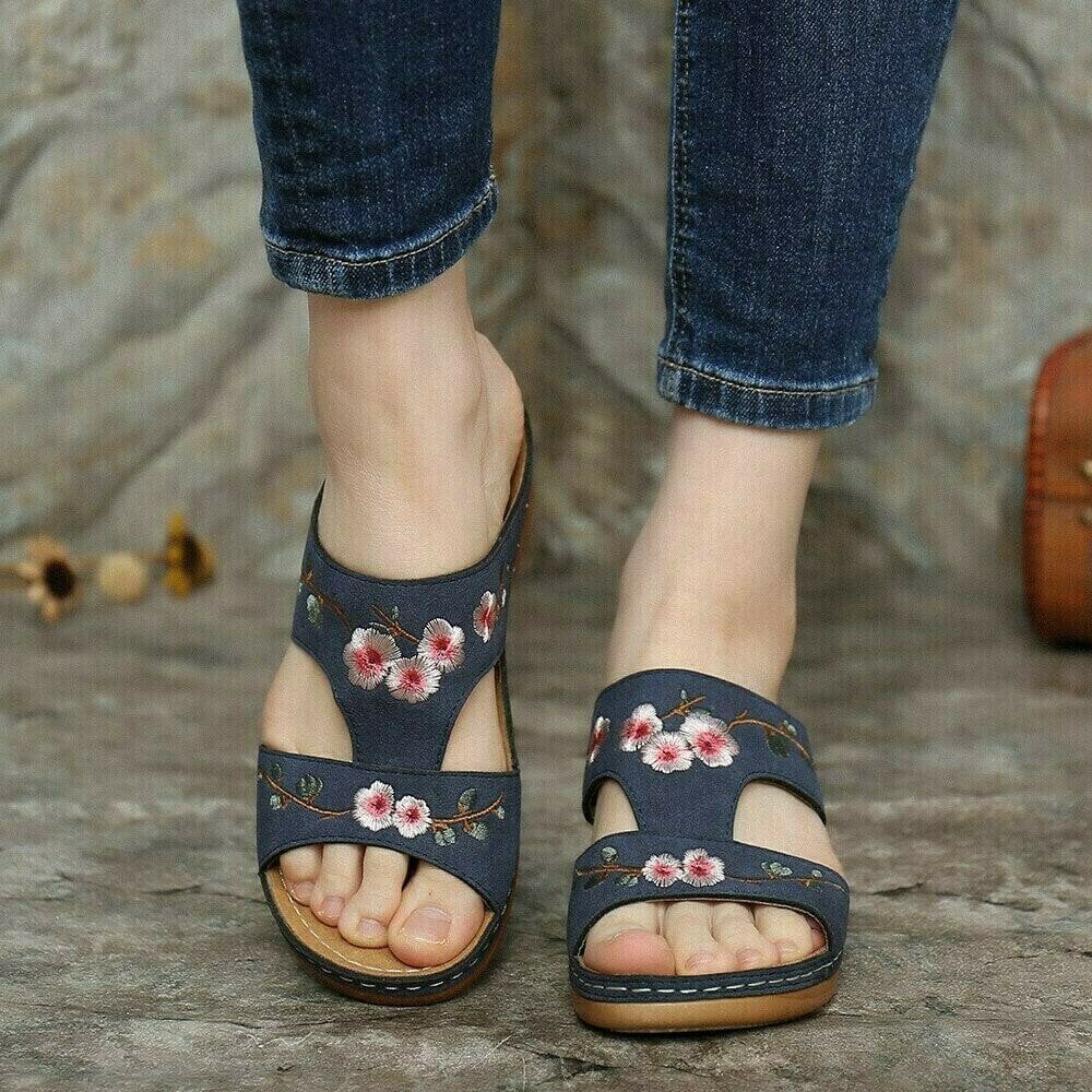 Flower Embroidered Vintage Comfy Wedges Sandals - Image 3