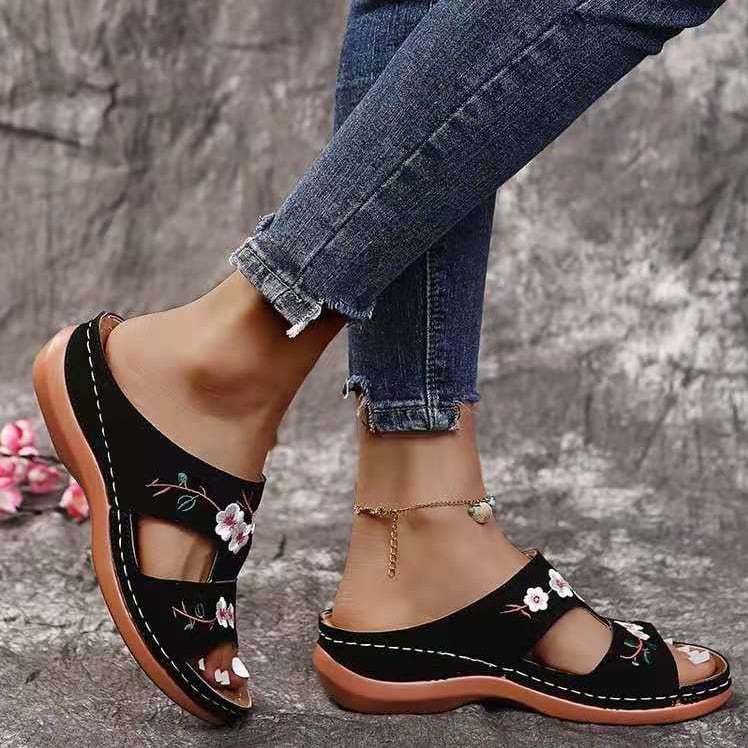 Flower Embroidered Vintage Comfy Wedges Sandals - Image 9
