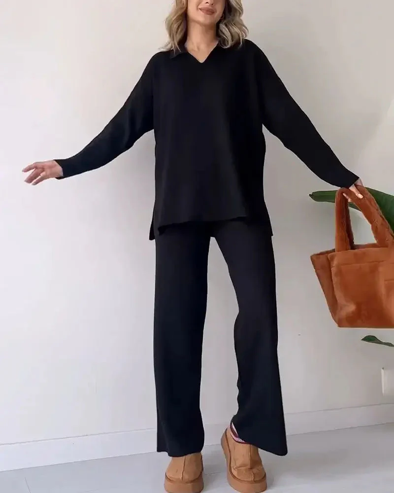 Solid Color Fashionable Lapel Loose Casual Sweater Two-Piece Set - Image 2