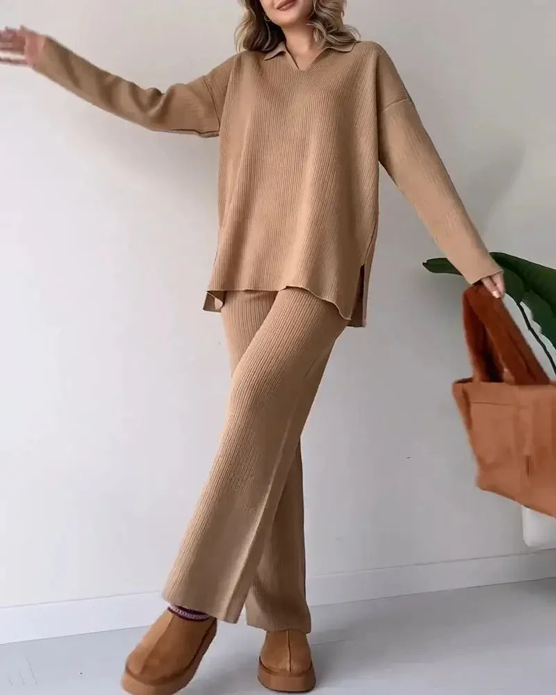 Solid Color Fashionable Lapel Loose Casual Sweater Two-Piece Set - Image 3