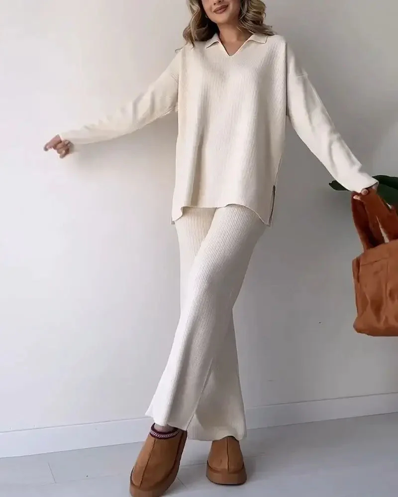 Solid Color Fashionable Lapel Loose Casual Sweater Two-Piece Set - Image 4