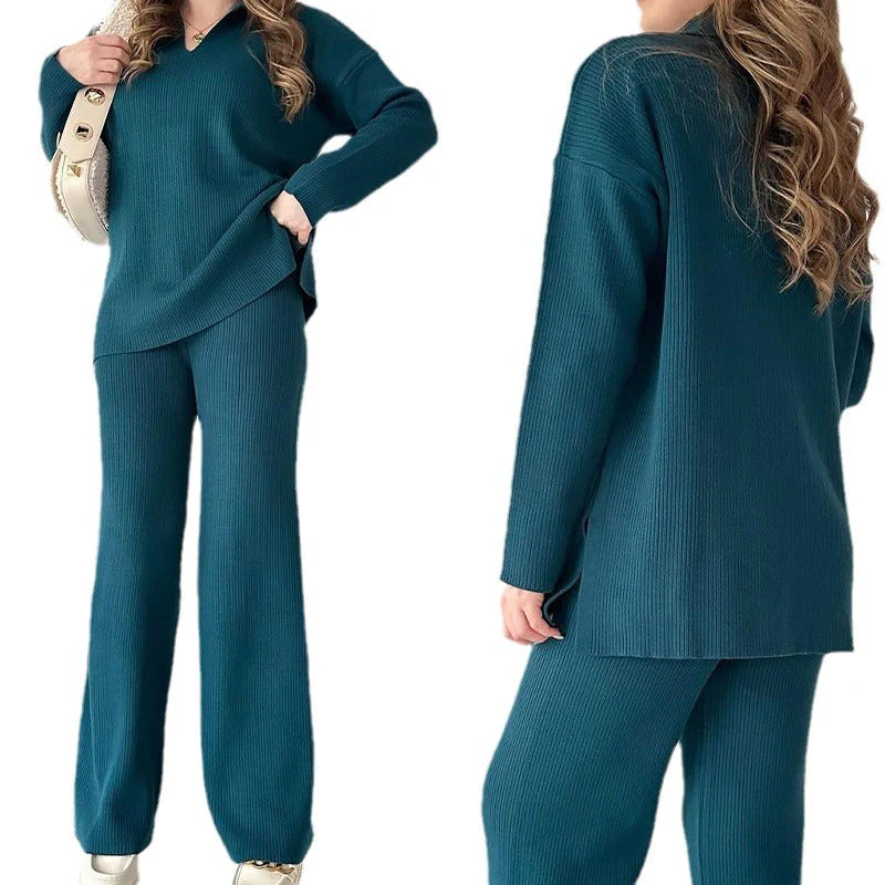 Solid Color Fashionable Lapel Loose Casual Sweater Two-Piece Set - Image 5
