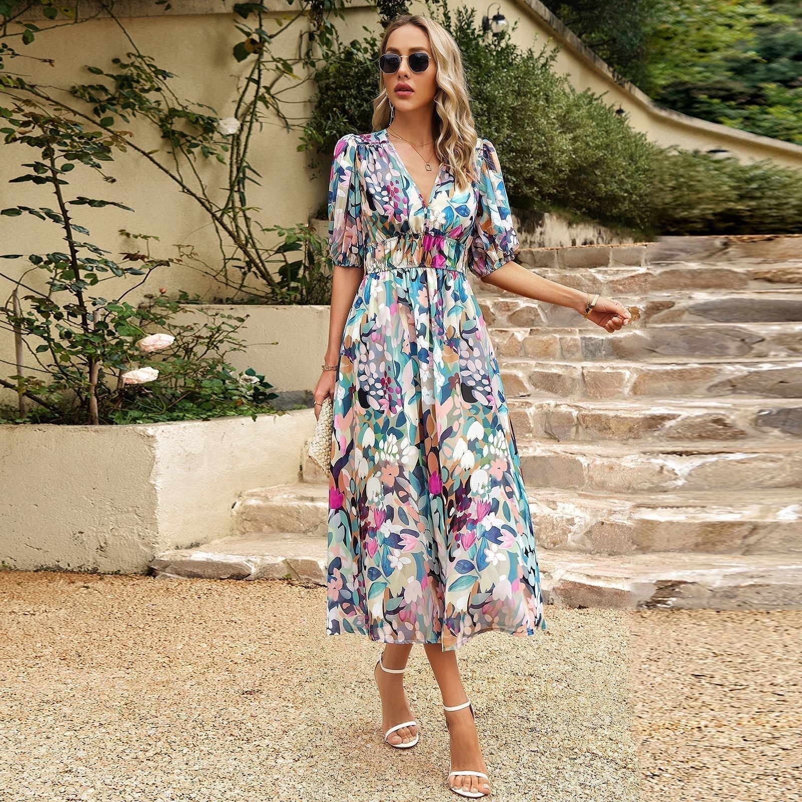 Elegant waisted V-neck printed dress (buy two for free shipping) - Image 5