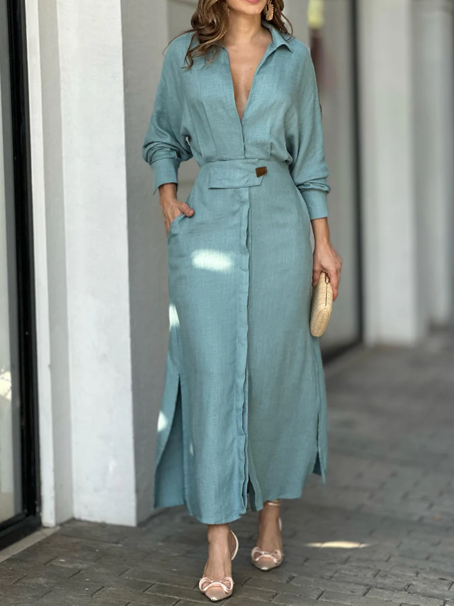 Fashion Cotton Linen Solid Color V-neck Dress(Buy 2 Free Shipping)