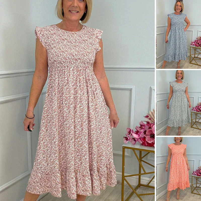💃Women's Elegant Floral Print High-Waisted Ruffle Cap Sleeve Dress