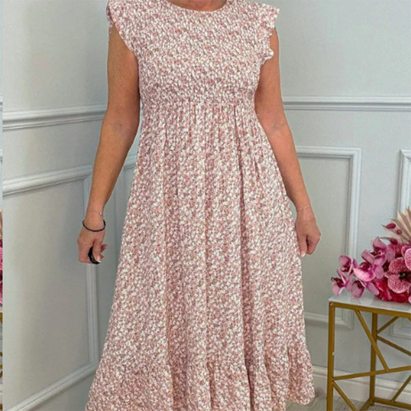 💃Women's Elegant Floral Print High-Waisted Ruffle Cap Sleeve Dress - Image 4
