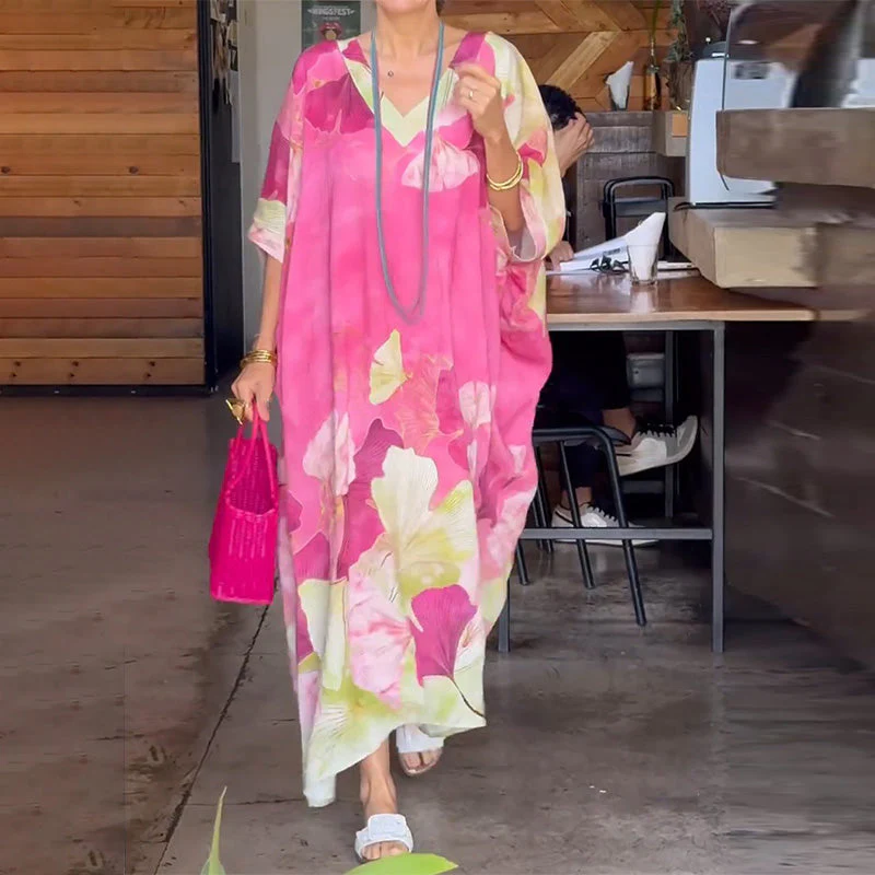 Loose, long dress with floral pattern and half-length sleeves - Image 2