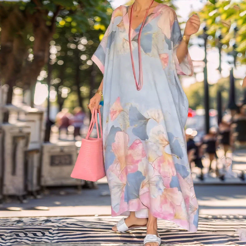 Loose, long dress with floral pattern and half-length sleeves - Image 4