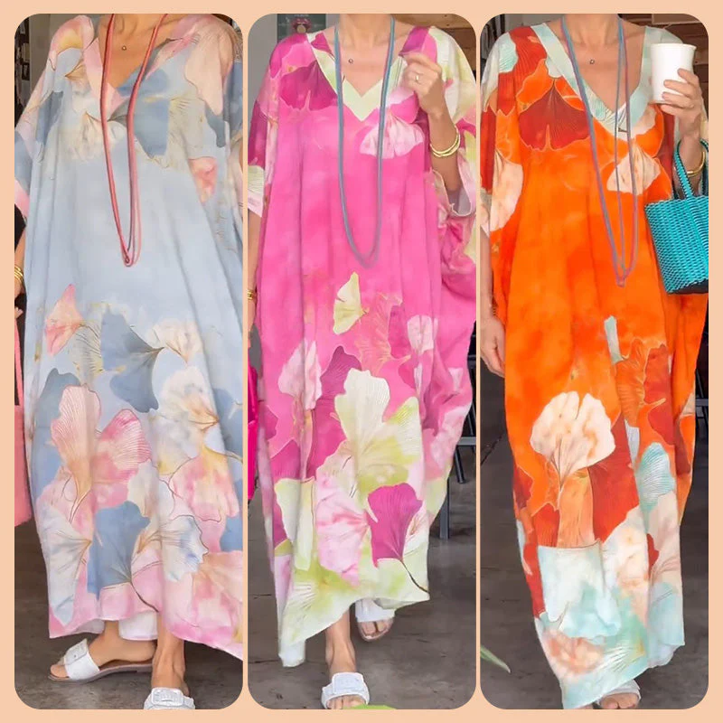 Loose, long dress with floral pattern and half-length sleeves - Image 5