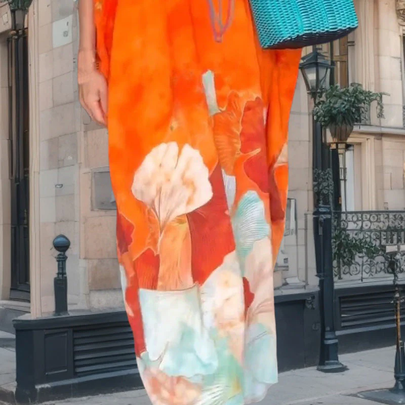 Loose, long dress with floral pattern and half-length sleeves - Image 6