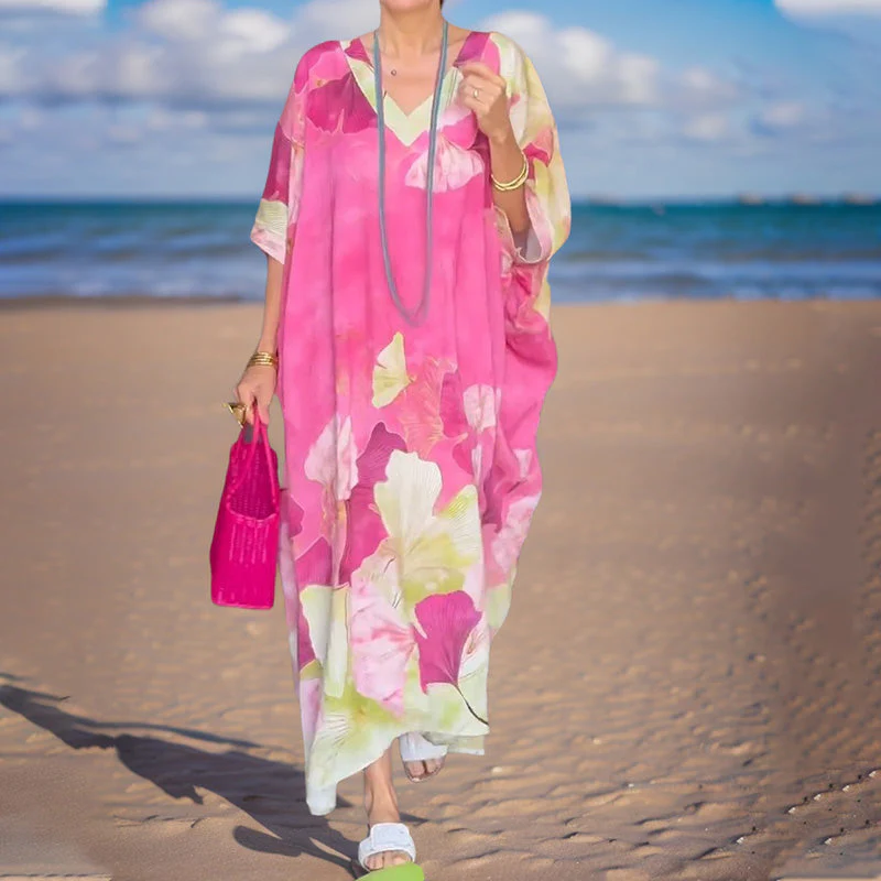 Loose, long dress with floral pattern and half-length sleeves - Image 7