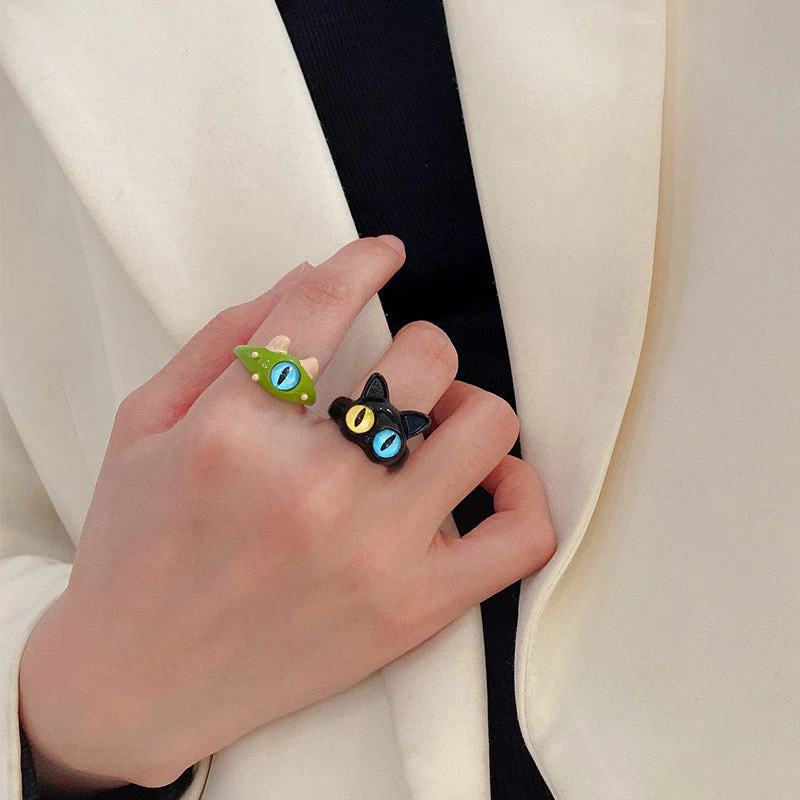 💐Funny Cat Monster Ring Earrings Set💝 - Image 2