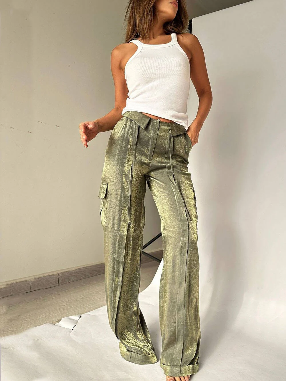 Golden Years Glitter Fabric Drawstring Waist Pocketed Wide Leg Pants - Buy two and get free shipping! - Image 11