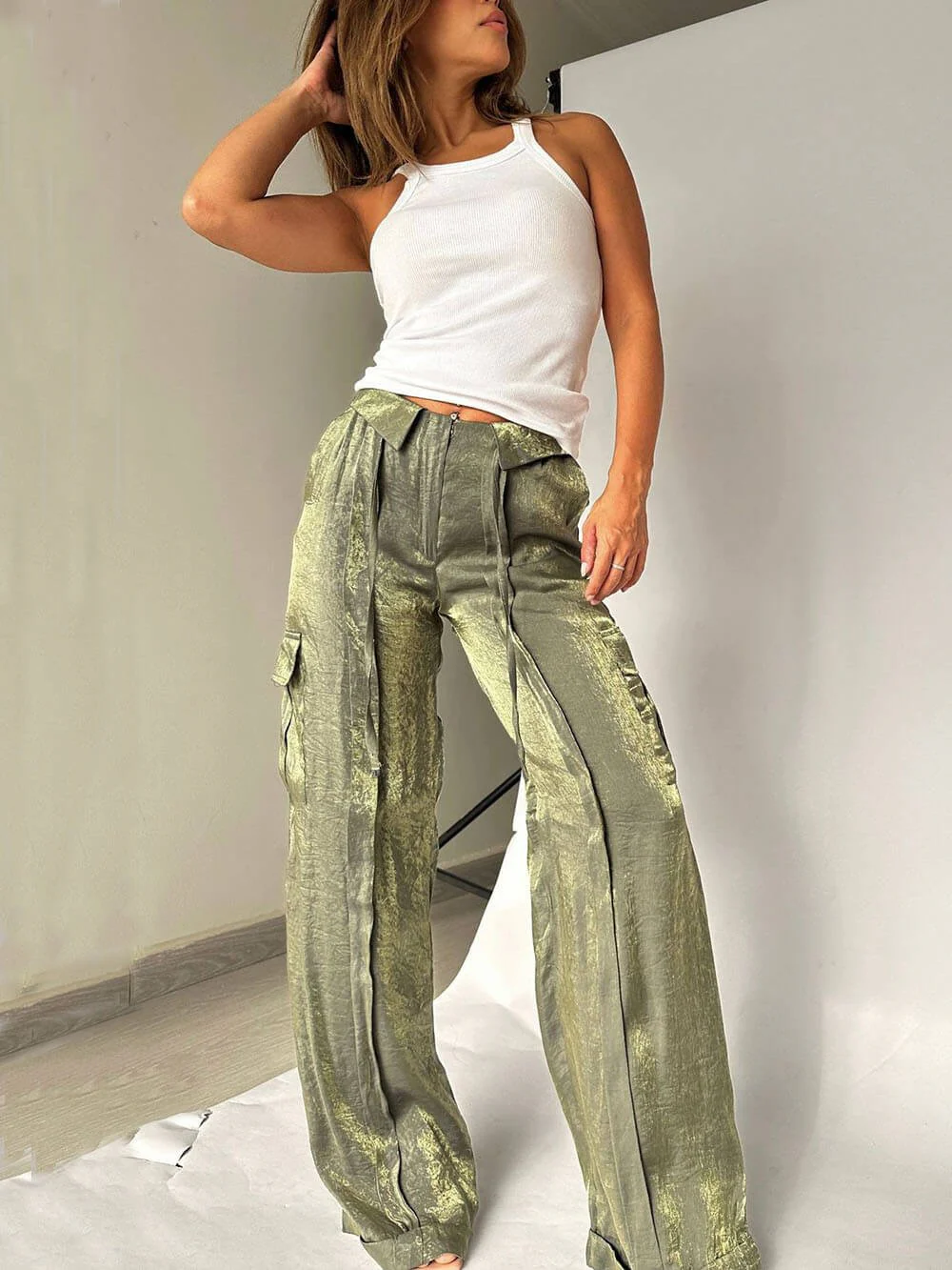 Golden Years Glitter Fabric Drawstring Waist Pocketed Wide Leg Pants - Buy two and get free shipping! - Image 12