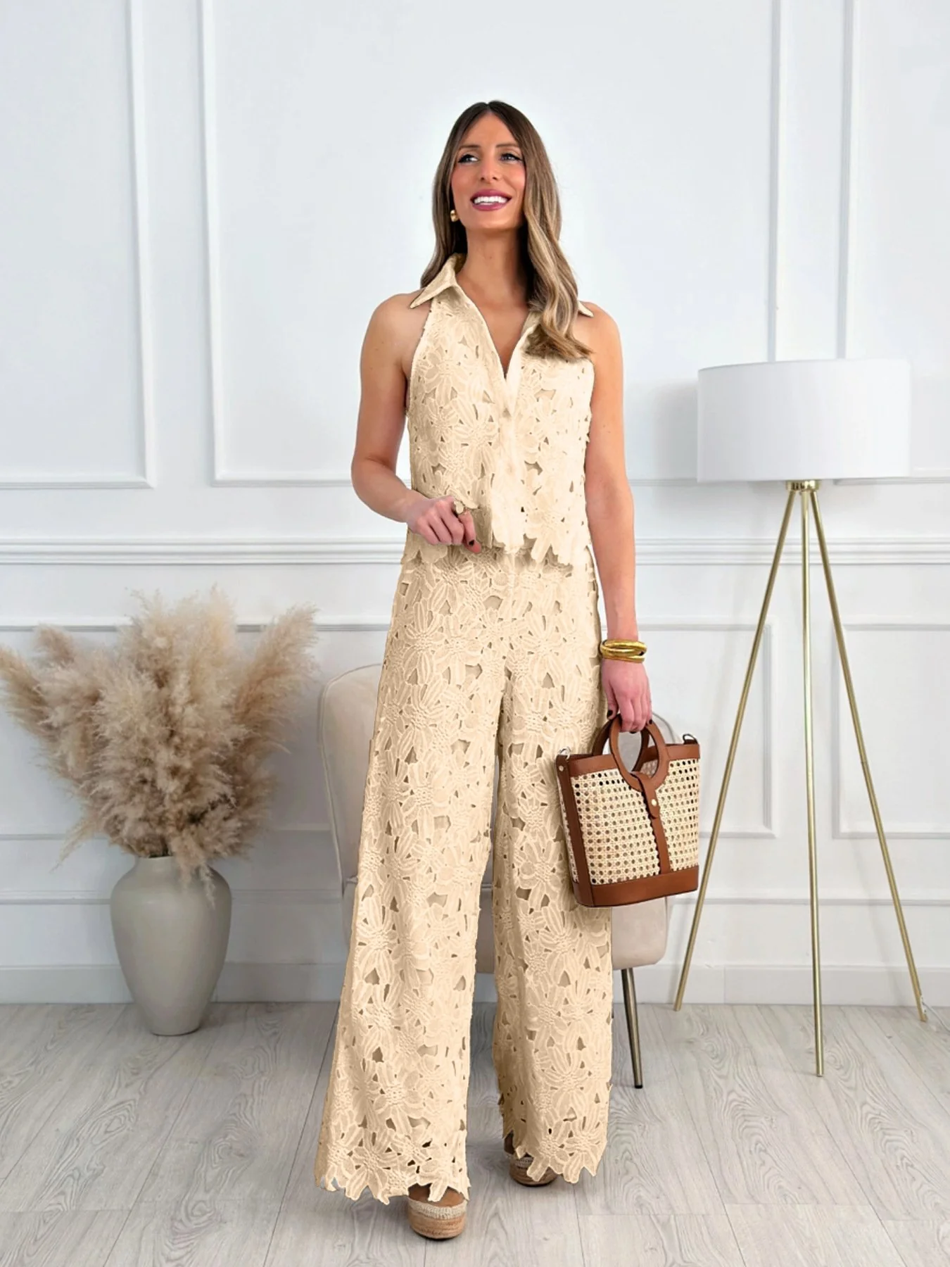 Embroidered Hollow-Out V-Neck Vest and Wide-Leg Straight Trousers Set - Image 4