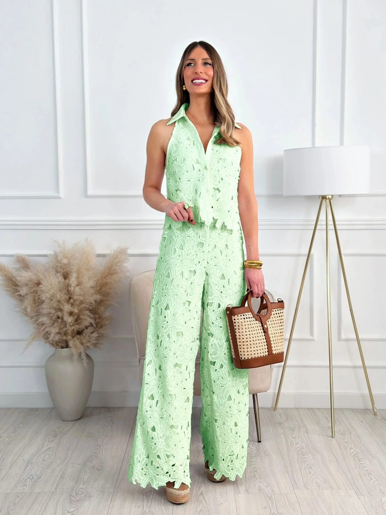 Embroidered Hollow-Out V-Neck Vest and Wide-Leg Straight Trousers Set - Image 6