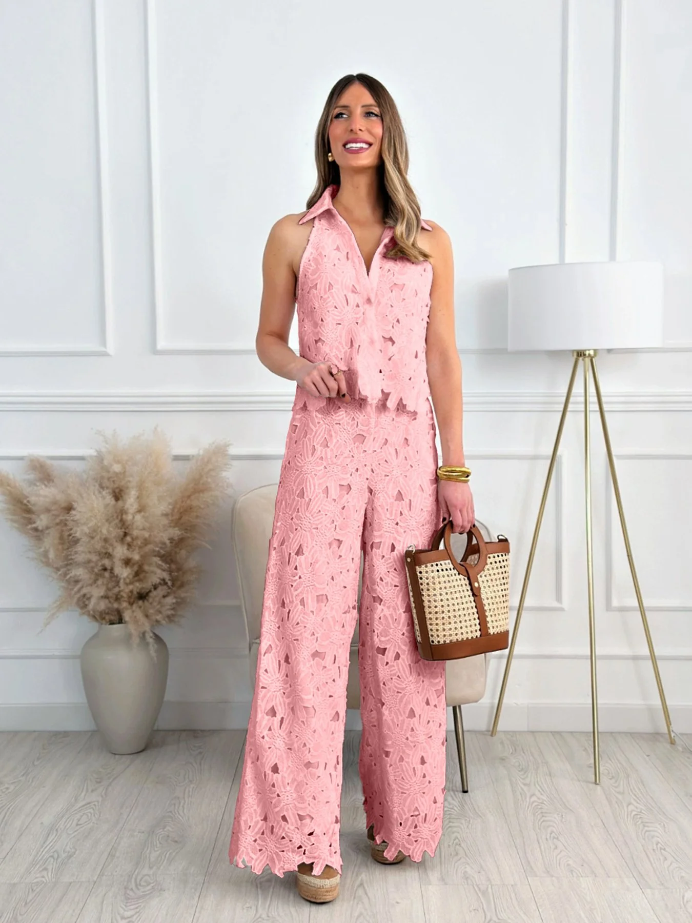 Embroidered Hollow-Out V-Neck Vest and Wide-Leg Straight Trousers Set - Image 7