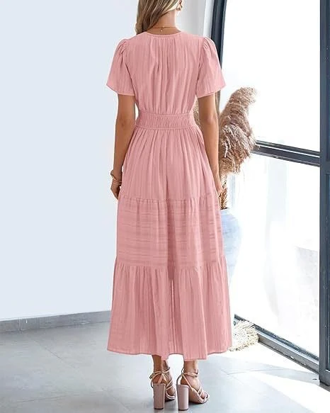 👗Women's Casual Spring Short Sleeve V Neck Maxi Dress - Image 3