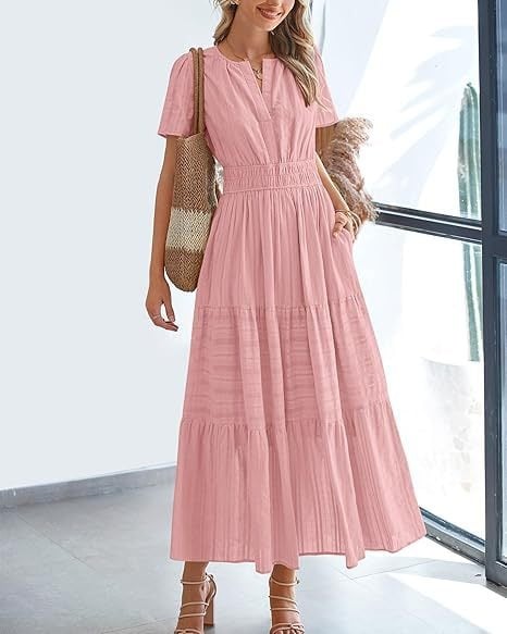 👗Women's Casual Spring Short Sleeve V Neck Maxi Dress - Image 5