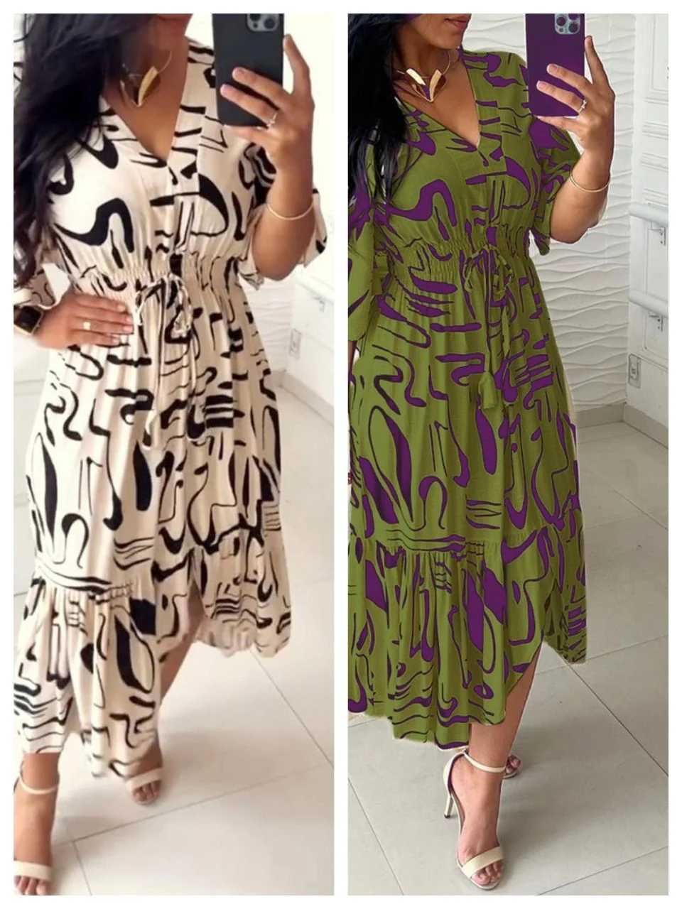 🔥Buy 2 get 20% off🔥V-Neck Waist Ink Print Dress - Image 10