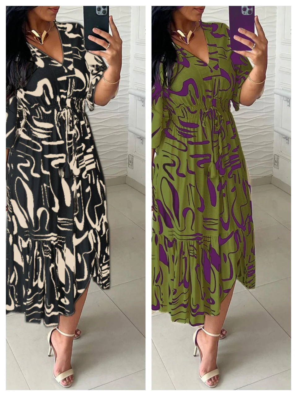 🔥Buy 2 get 20% off🔥V-Neck Waist Ink Print Dress - Image 11