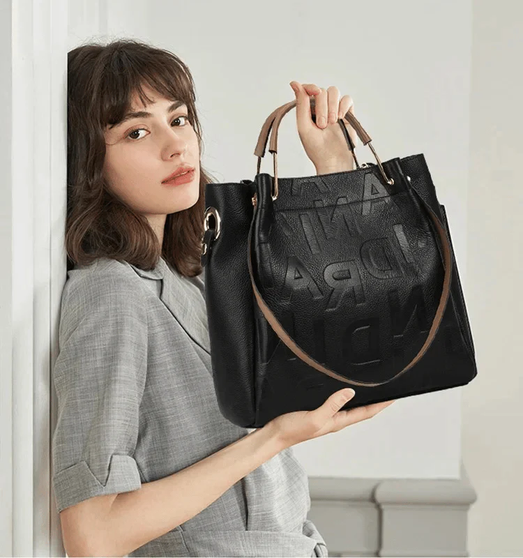 New arrival large capacity soft leather embossed shoulder bag - Image 4