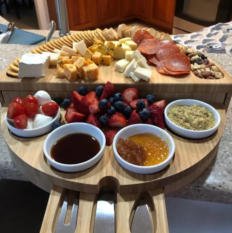 🧀2024 Bamboo Swivel Charcuterie Board🔥With 4 Integrated Ceramic Bowls And 3 Piece Knife Set - Image 10