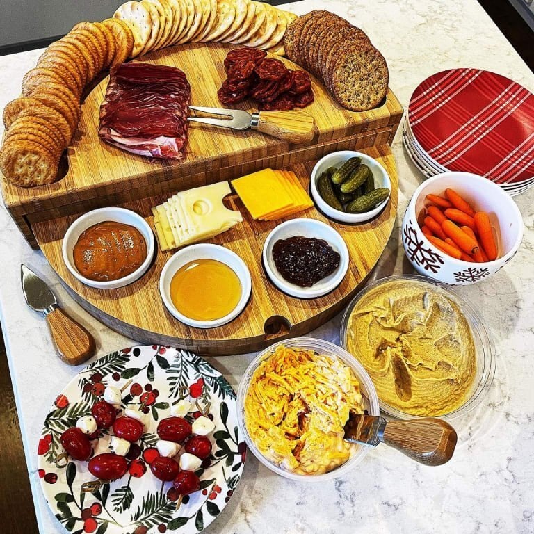 🧀2024 Bamboo Swivel Charcuterie Board🔥With 4 Integrated Ceramic Bowls And 3 Piece Knife Set - Image 12