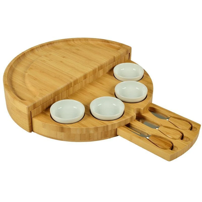 🧀2024 Bamboo Swivel Charcuterie Board🔥With 4 Integrated Ceramic Bowls And 3 Piece Knife Set - Image 2