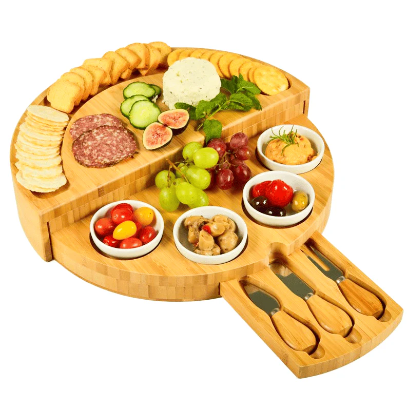 🧀2024 Bamboo Swivel Charcuterie Board🔥With 4 Integrated Ceramic Bowls And 3 Piece Knife Set - Image 3
