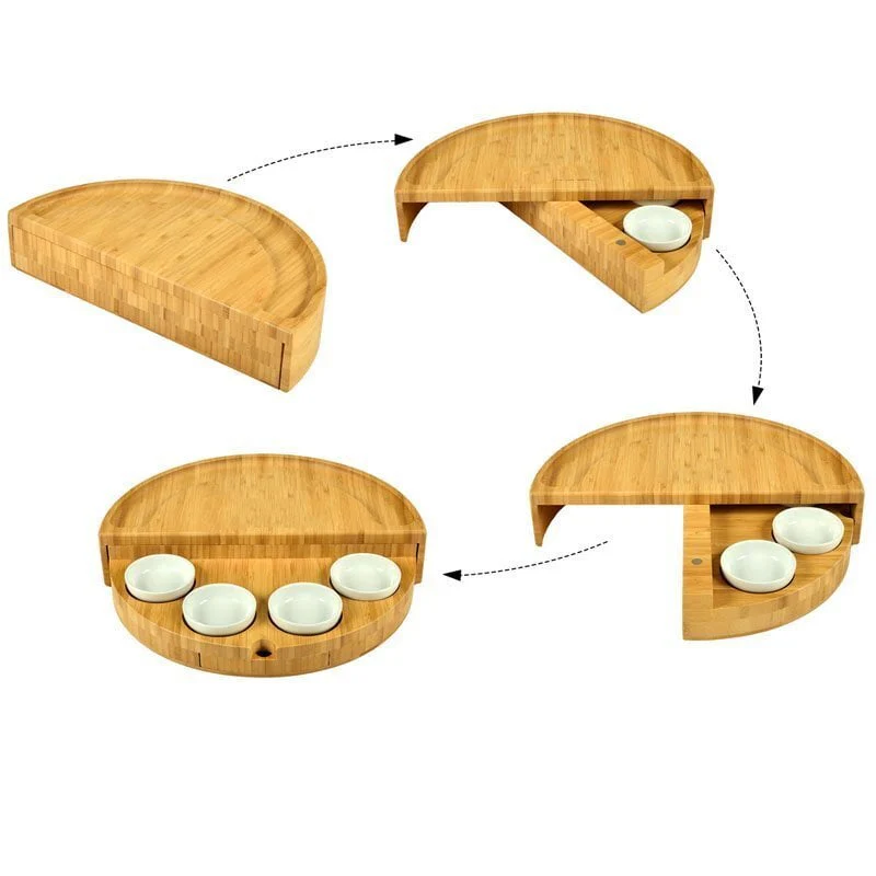 🧀2024 Bamboo Swivel Charcuterie Board🔥With 4 Integrated Ceramic Bowls And 3 Piece Knife Set - Image 5