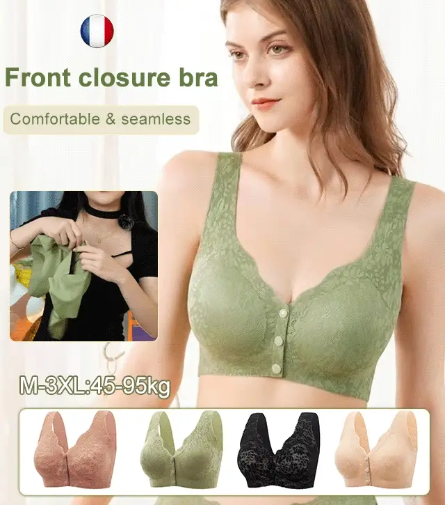 Plus Size Jacquard Lace Button Front Comfy Bra (Four piece set)