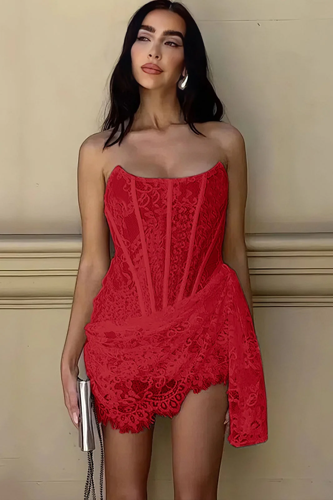 Lace mesh one-shoulder tube top slightly see-through slim fit dress - Image 2