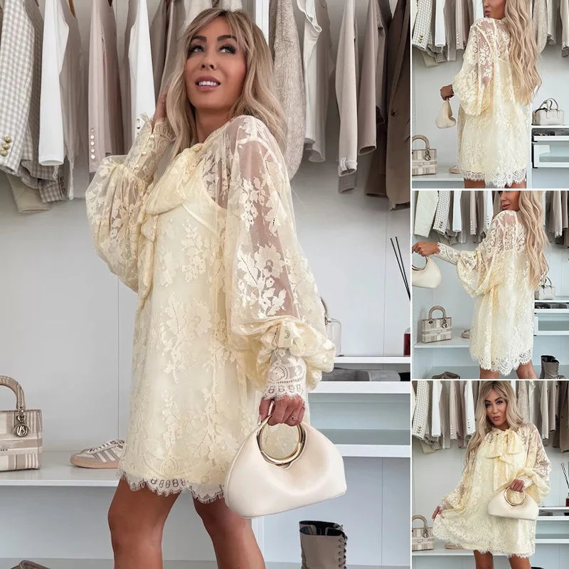💖Lace Mini Dress with Bow Tie Neck👗
