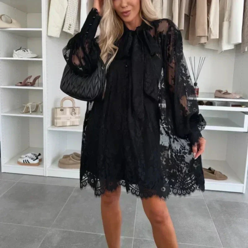 💖Lace Mini Dress with Bow Tie Neck👗 - Image 10