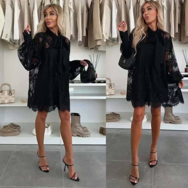💖Lace Mini Dress with Bow Tie Neck👗 - Image 7