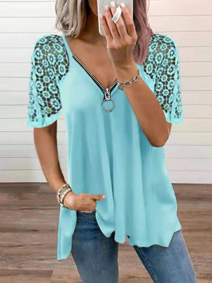 2023 NEW FASHION CASUAL LACE TOPS PATCHWORK SUMMER V-NECK HOLLOW OUT T-SHIRT - Image 5