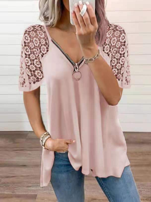 2023 NEW FASHION CASUAL LACE TOPS PATCHWORK SUMMER V-NECK HOLLOW OUT T-SHIRT - Image 6