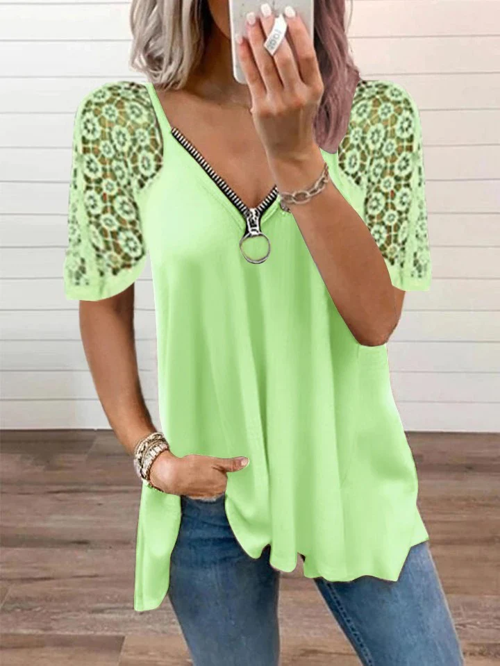 2023 NEW FASHION CASUAL LACE TOPS PATCHWORK SUMMER V-NECK HOLLOW OUT T-SHIRT - Image 7