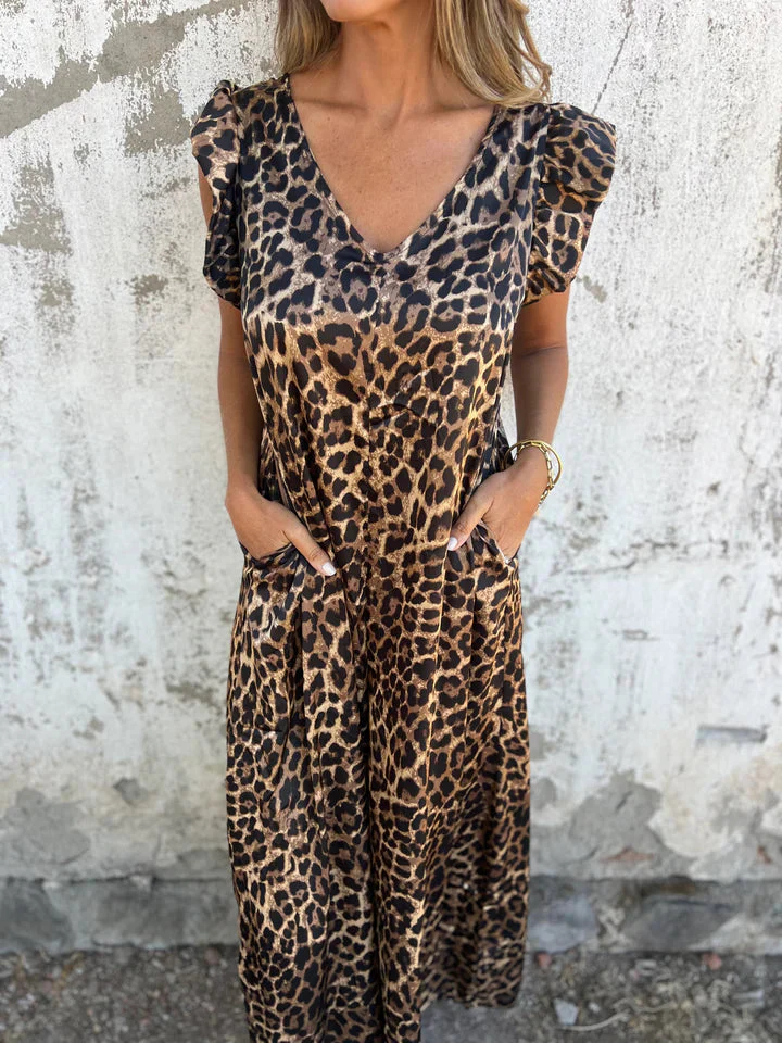 Leopard Print V-Neck Jumpsuit With Front Pockets - Image 2