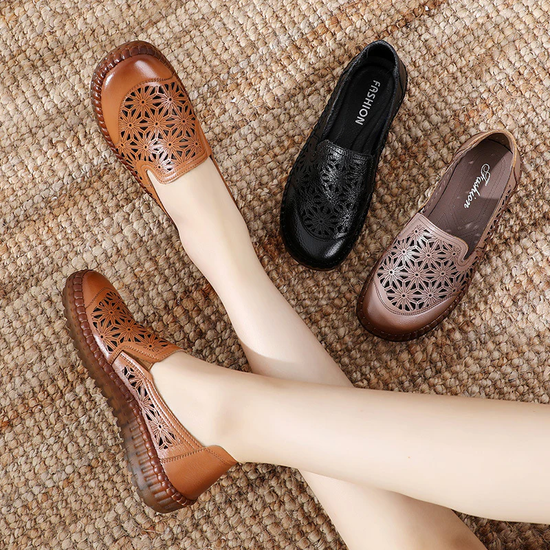 2023 new comfortable soft bottom breathable non-slip engraved retro ladies leather shoes - Image 11
