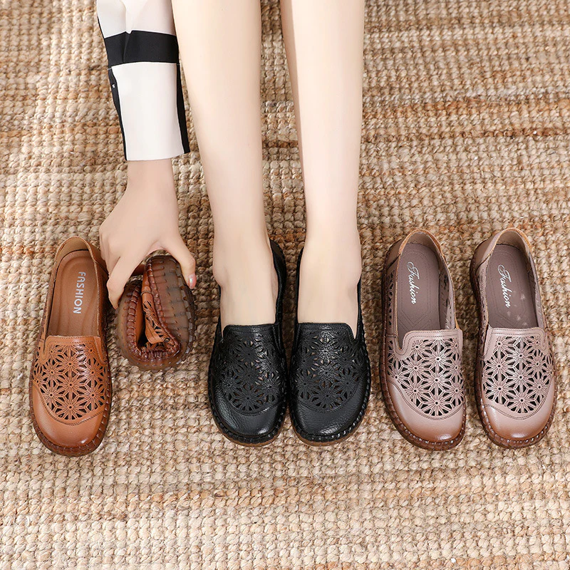 2023 new comfortable soft bottom breathable non-slip engraved retro ladies leather shoes - Image 12