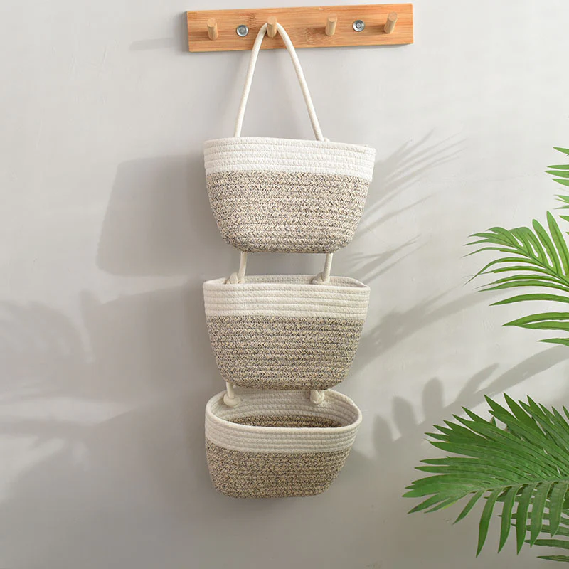 living room bedroom entryway Over The Door Hanging Basket Boho Woven Over-Door Storage Organizer – 3-Tier Cotton Hanging Baskets - Image 13