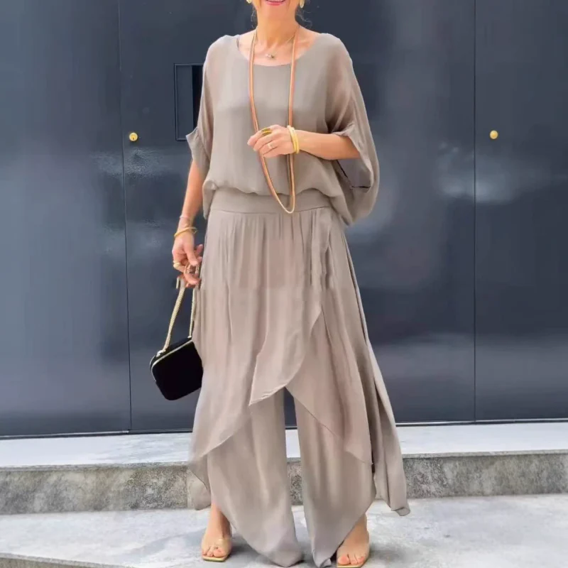 Loose Top & Slit Wide-Leg Pants Chiffon 2-Piece Set - Image 2