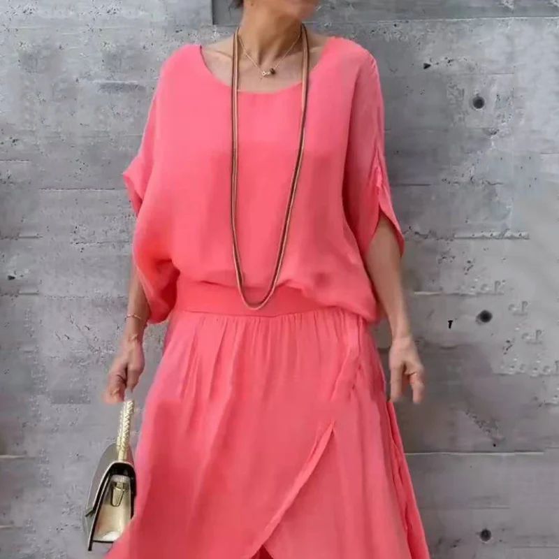 Loose Top & Slit Wide-Leg Pants Chiffon 2-Piece Set - Image 3