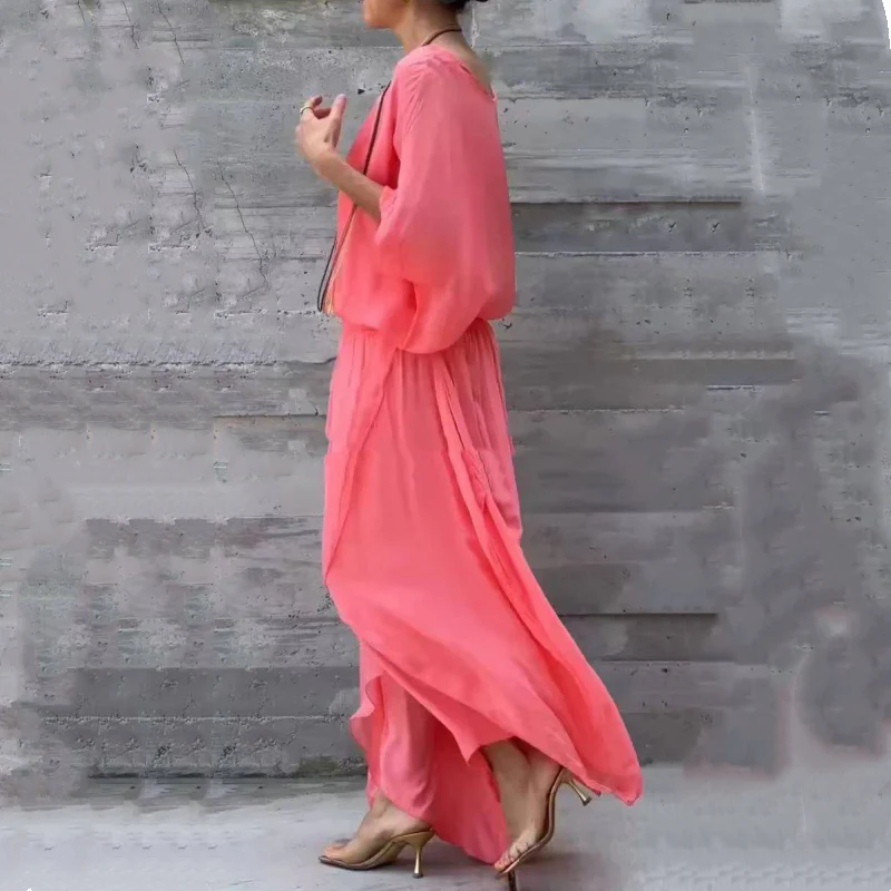 Loose Top & Slit Wide-Leg Pants Chiffon 2-Piece Set - Image 4