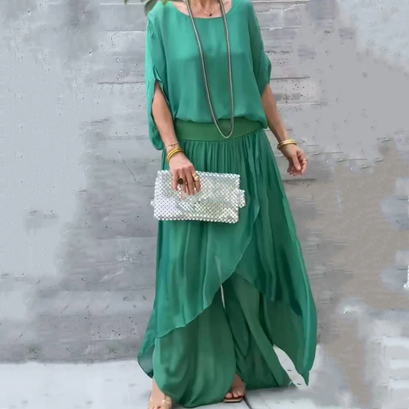 Loose Top & Slit Wide-Leg Pants Chiffon 2-Piece Set - Image 6