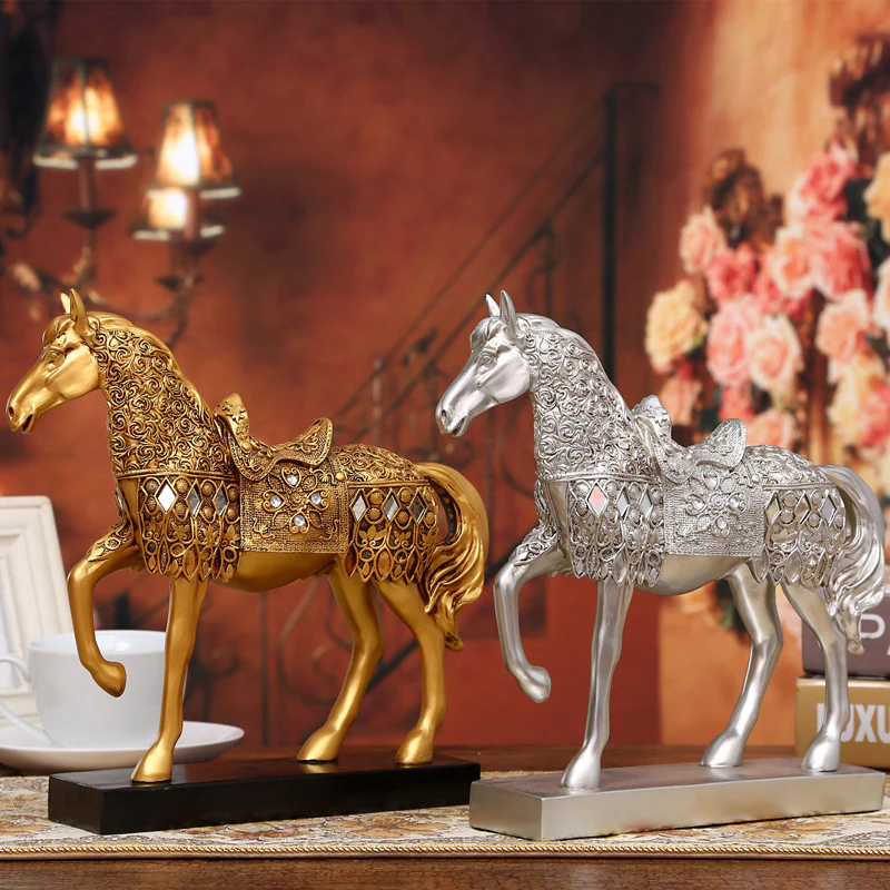 Luxury Diamond Horse Standing Statue, Golden Fortune Horse Statue Carved Resin Horse Sculpture Art Home Decor, Brass Horse Statue - Image 5